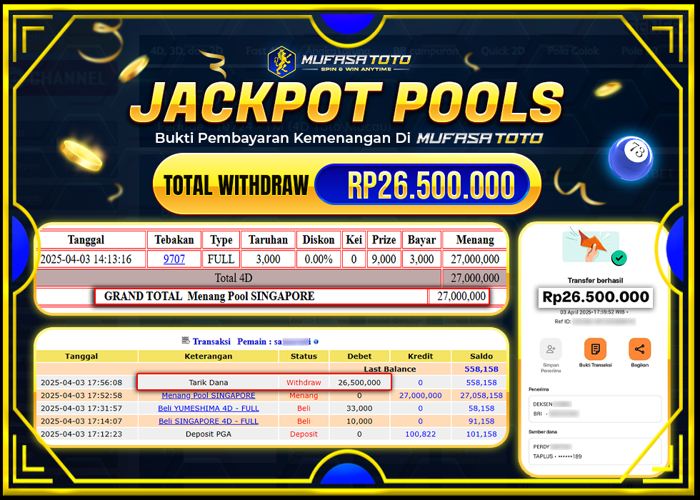 MUFASATOTO POOL SINGAPORE Rp.26.500.000 | LUNAS